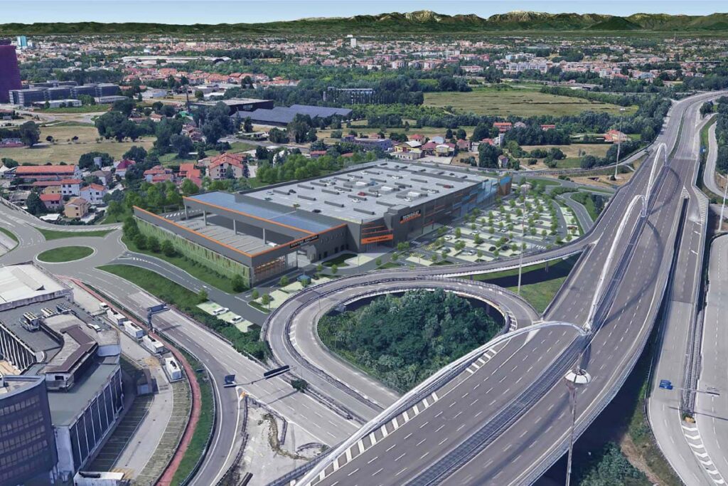 Vista del nuovo punto vendita Tecnomat a Padova Est con area commerciale e copertura carrabile